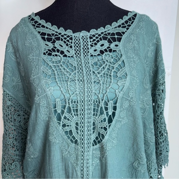 5/$25 Democracy Small Green 3/4 Wide Sleeve Tie Front Blouse Embroidered Lace - Picture 6 of 12